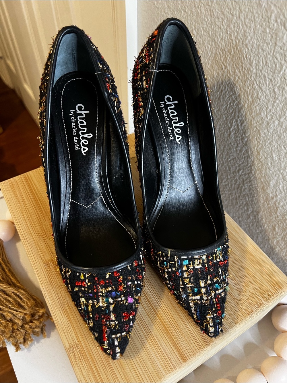 Charles By Charles David Black Tweed Pointed Pumps with Multicolor Accents